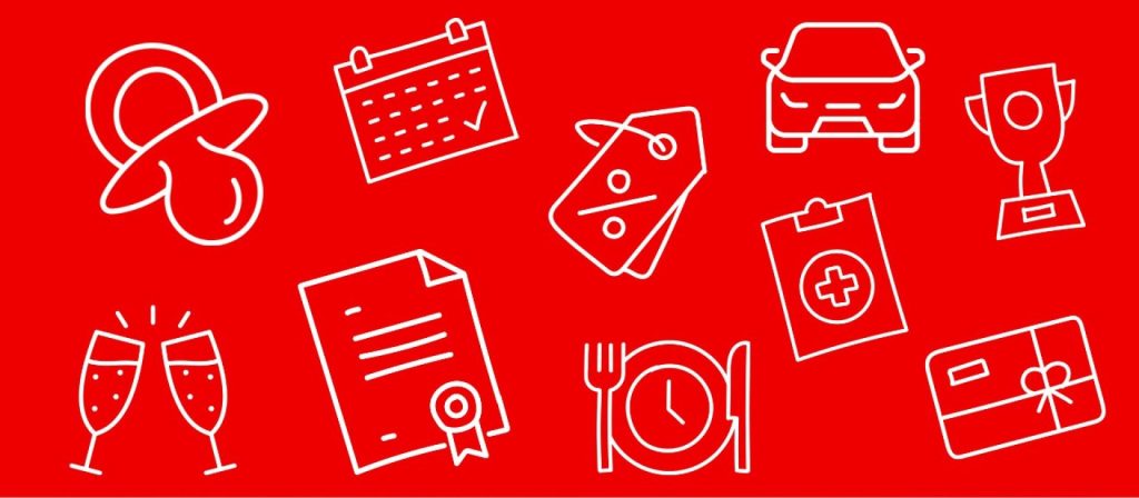 Roter Hintergrund. Illustrationen von verschiedenen Symbolen: Schnuller, Kalender, Presissschild. Auto, Pokal, Auszeichnung ....