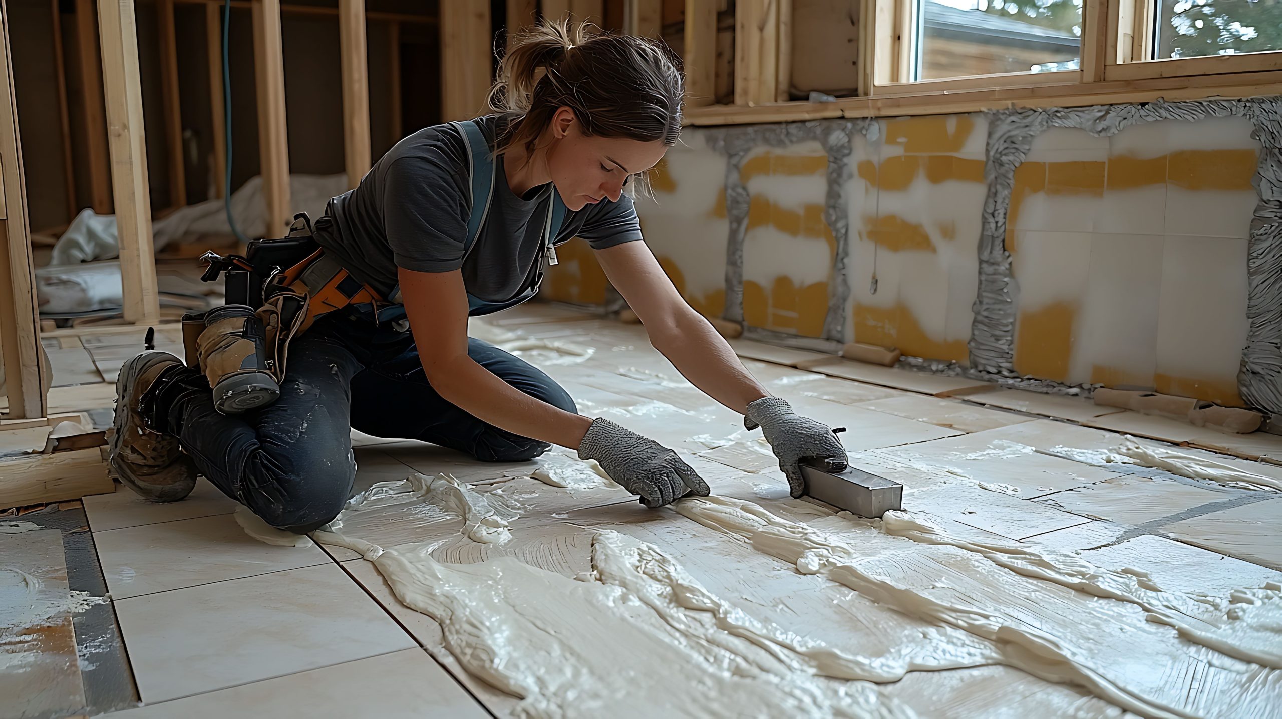 Skilled female contractor installing tiles, spreading adhesive with a trowel. Focus on detail and craftsmanship. Ideal for construction, home improvement, DIY, and real estate marketing.